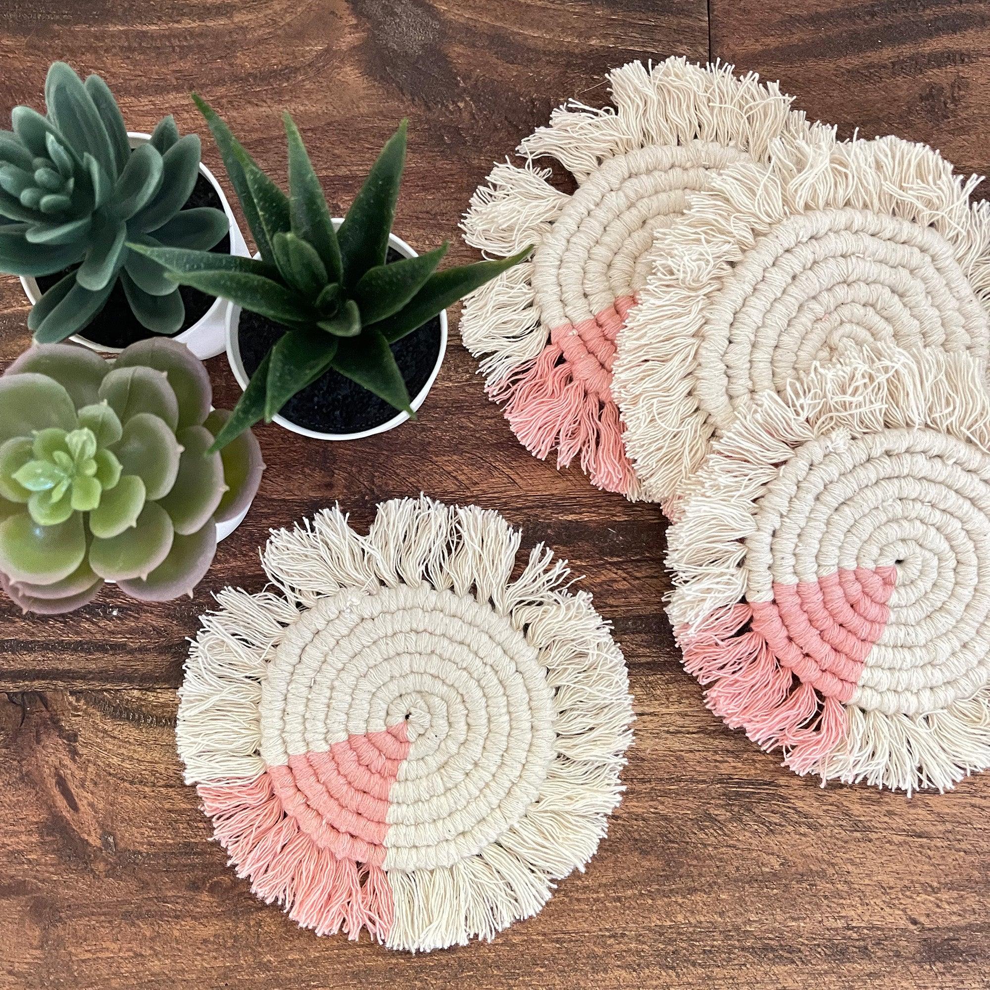 Macrame Coasters in Blush with Fringe - Set of 4 - Life In Alignment