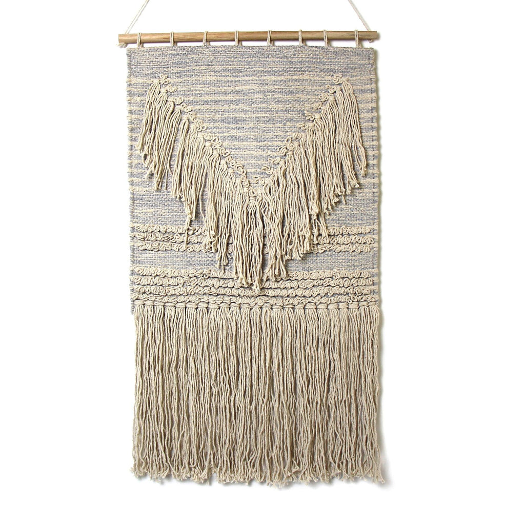 ethically sourced Handwoven Boho Wall Hanging - Blue and Cream Fringe Life In Alignment