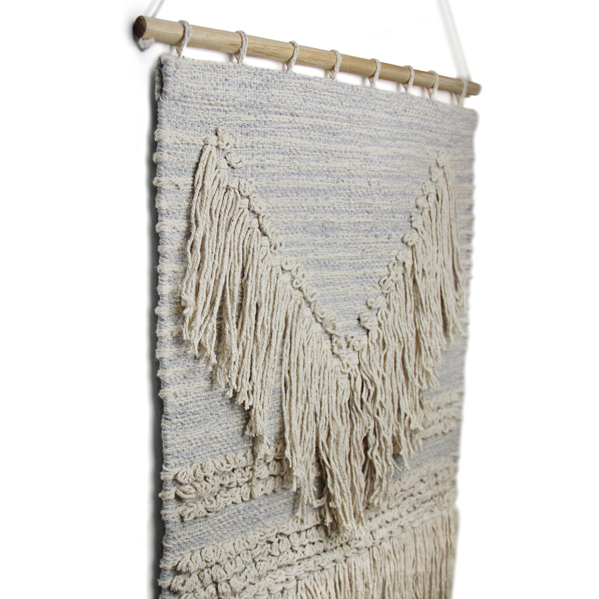 ethically sourced Handwoven Boho Wall Hanging - Blue and Cream Fringe Life In Alignment