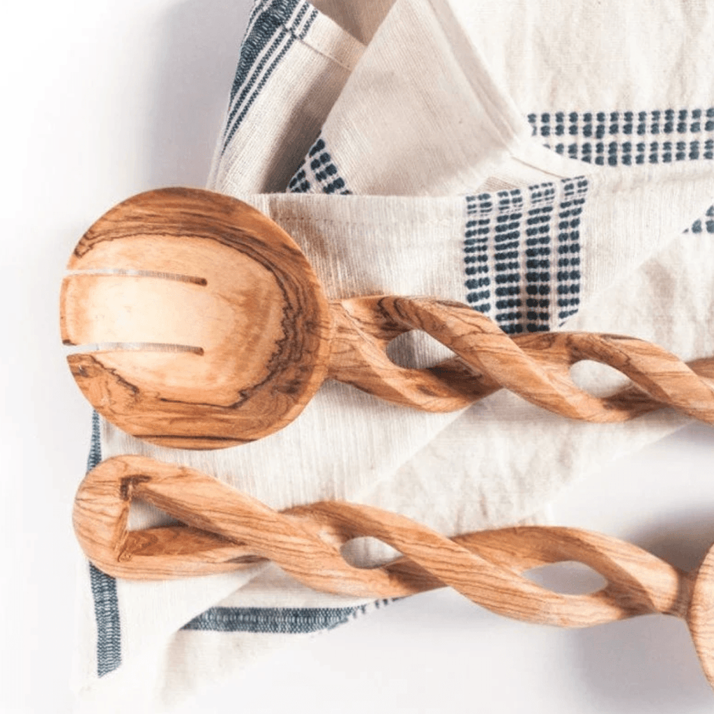 ethically sourced Olive Wood Spiral Salad Servers Life In Alignment
