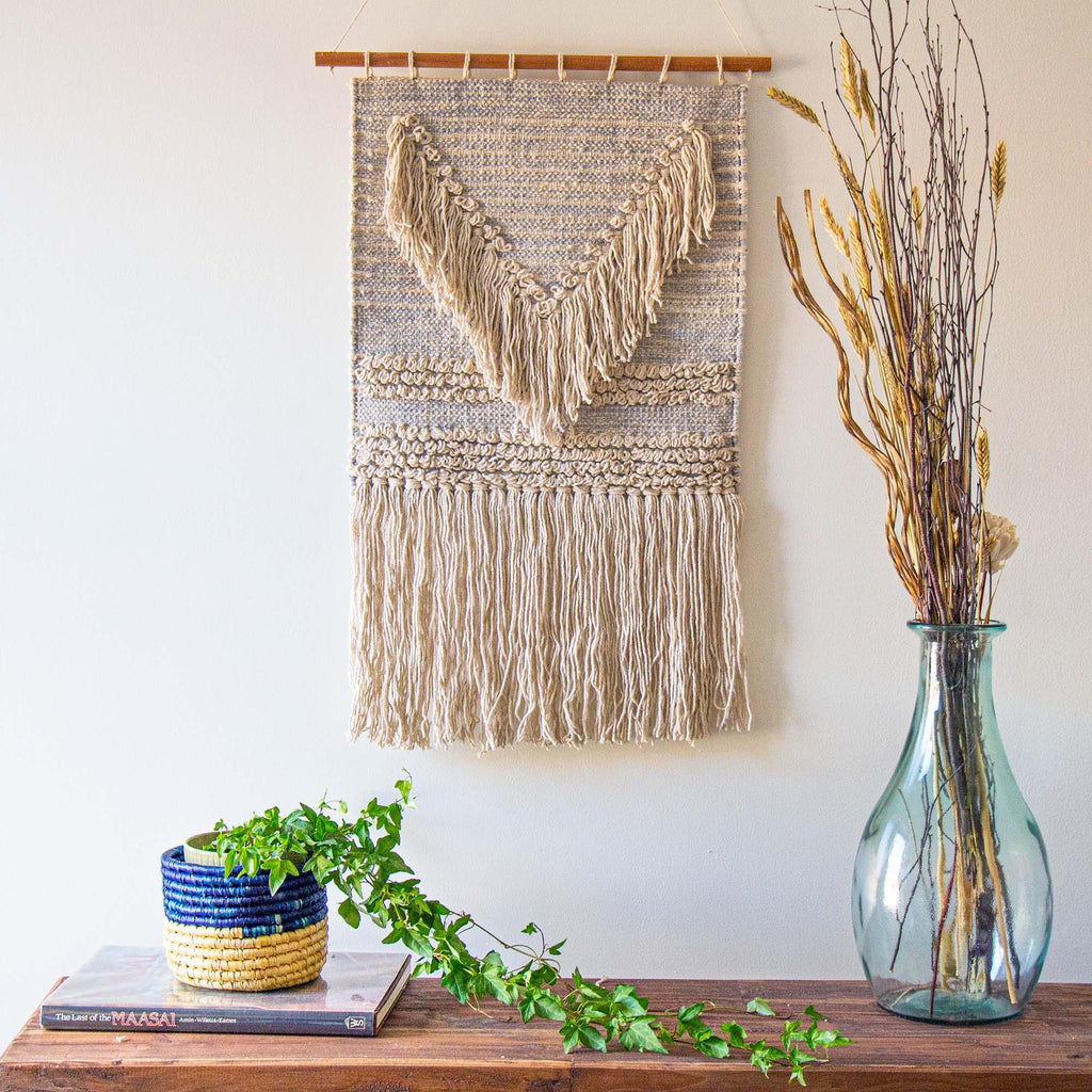 ethically sourced Handwoven Boho Wall Hanging - Blue and Cream Fringe Life In Alignment