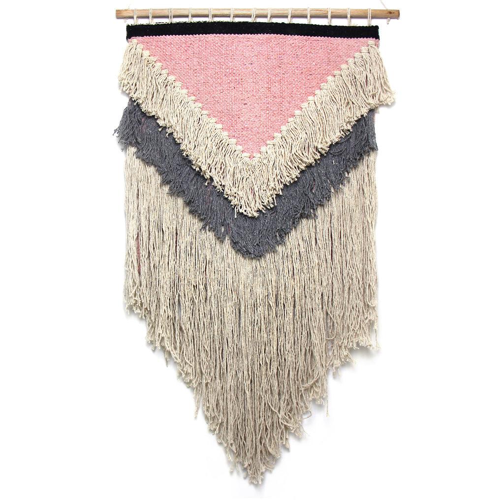 ethically sourced Handwoven Boho Wall Hanging - Pink with Cream Fringe Life In Alignment