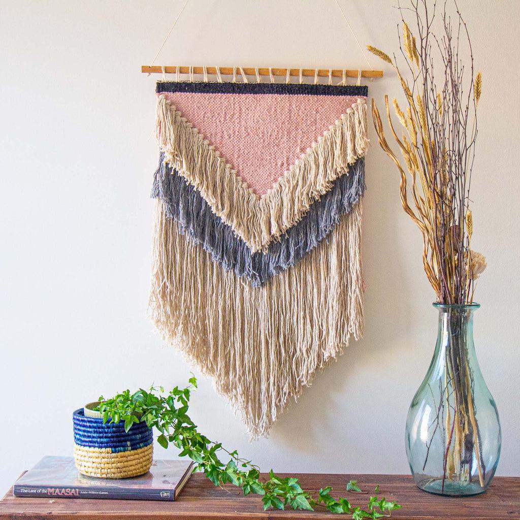 ethically sourced Handwoven Boho Wall Hanging - Pink with Cream Fringe Life In Alignment