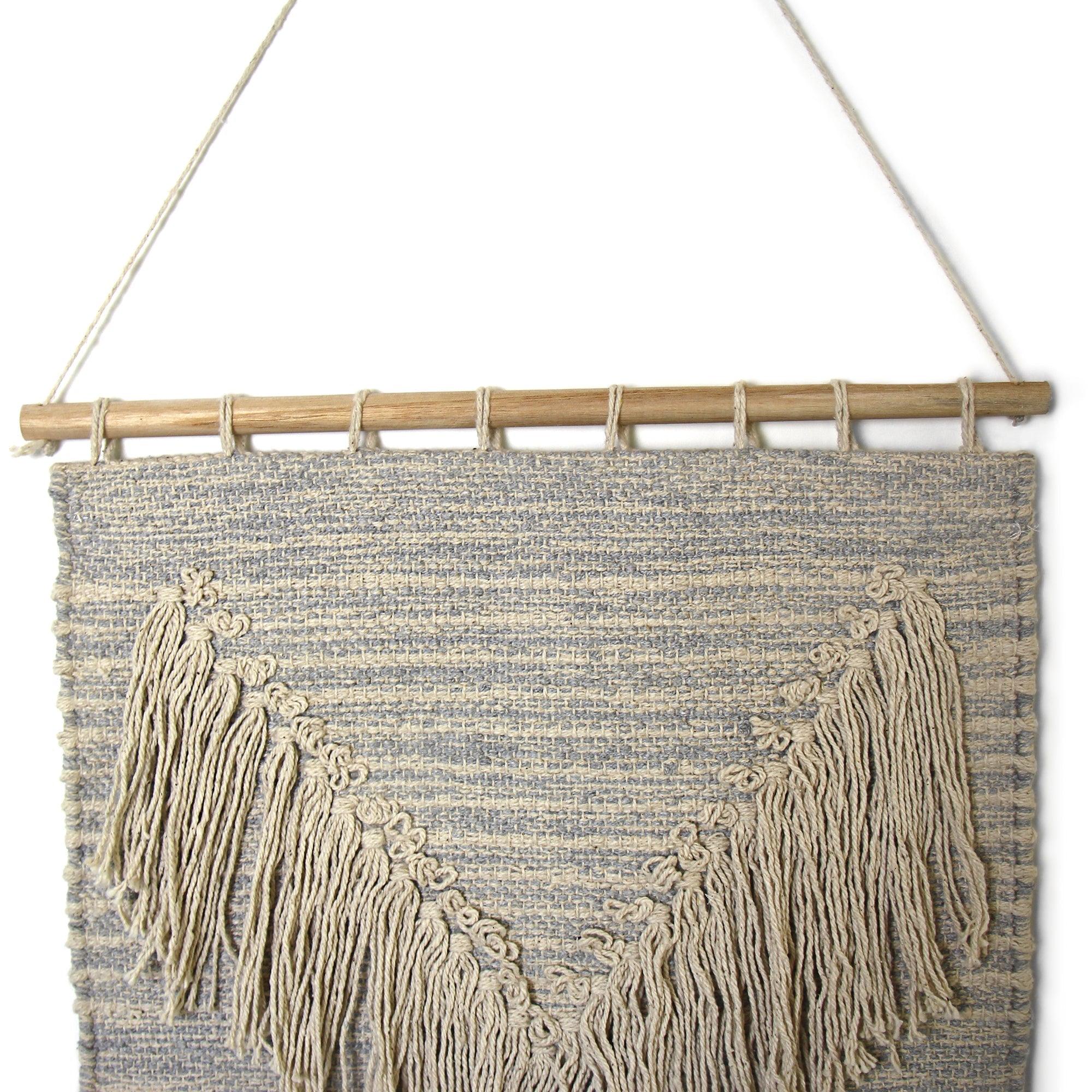 ethically sourced Handwoven Boho Wall Hanging - Blue and Cream Fringe Life In Alignment